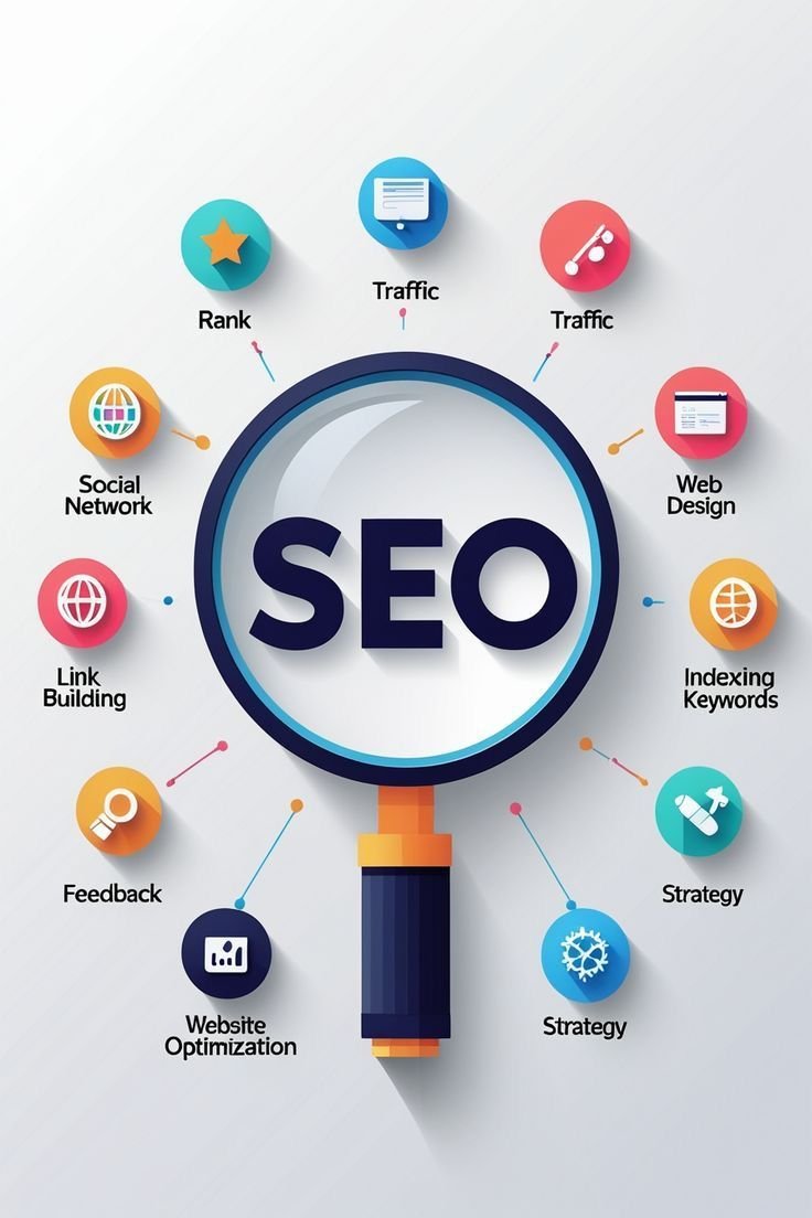 SEO for beginners concept showing search engine optimization elements like ranking, traffic, link building, and website optimization