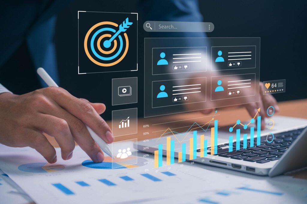 Digital marketer planning an algorithm-driven content strategy using audience insights and social media analytics.